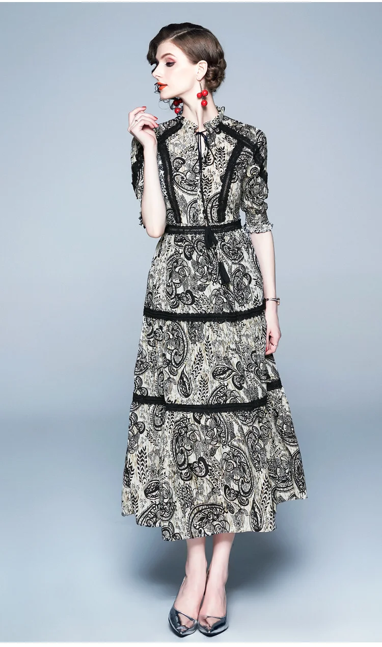 Vintage Print Lace Patchwork Chiffon Long Dress Women Summer Lace-up O Neck Half Sleeve Ladies Dresses Casual Vestidos