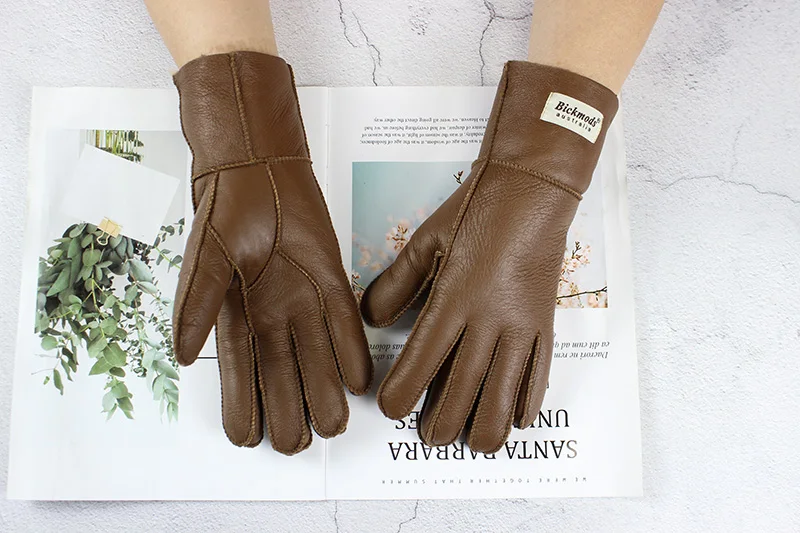 Women's Thickened Winter Sheepskin Fur Gloves Windproof Warm Outdoor Motorcycle Riding Color Leather Finger Gloves