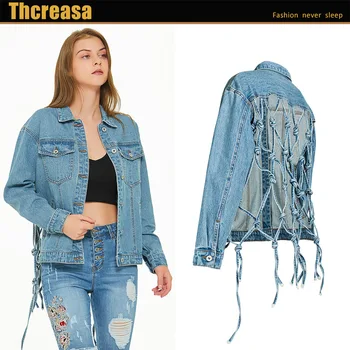 

Top with hollow back denim jacket and Women's loose Denim Jacket women's baseball uniform