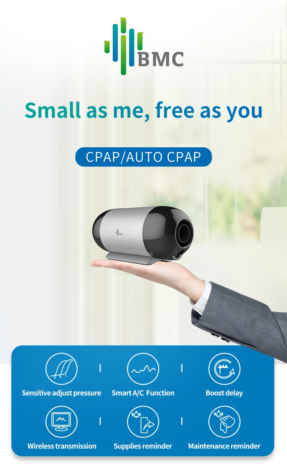 BMC Mini CPAP APAP Machine Portable With Respirator Accessories For Travel Home Sleeping Apnea Anti Snoring