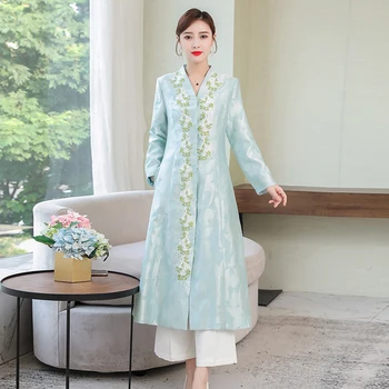 

2020 long dress chinese style national traditional women cotton embroidered coat elegant hanfu costume female folk robe dress