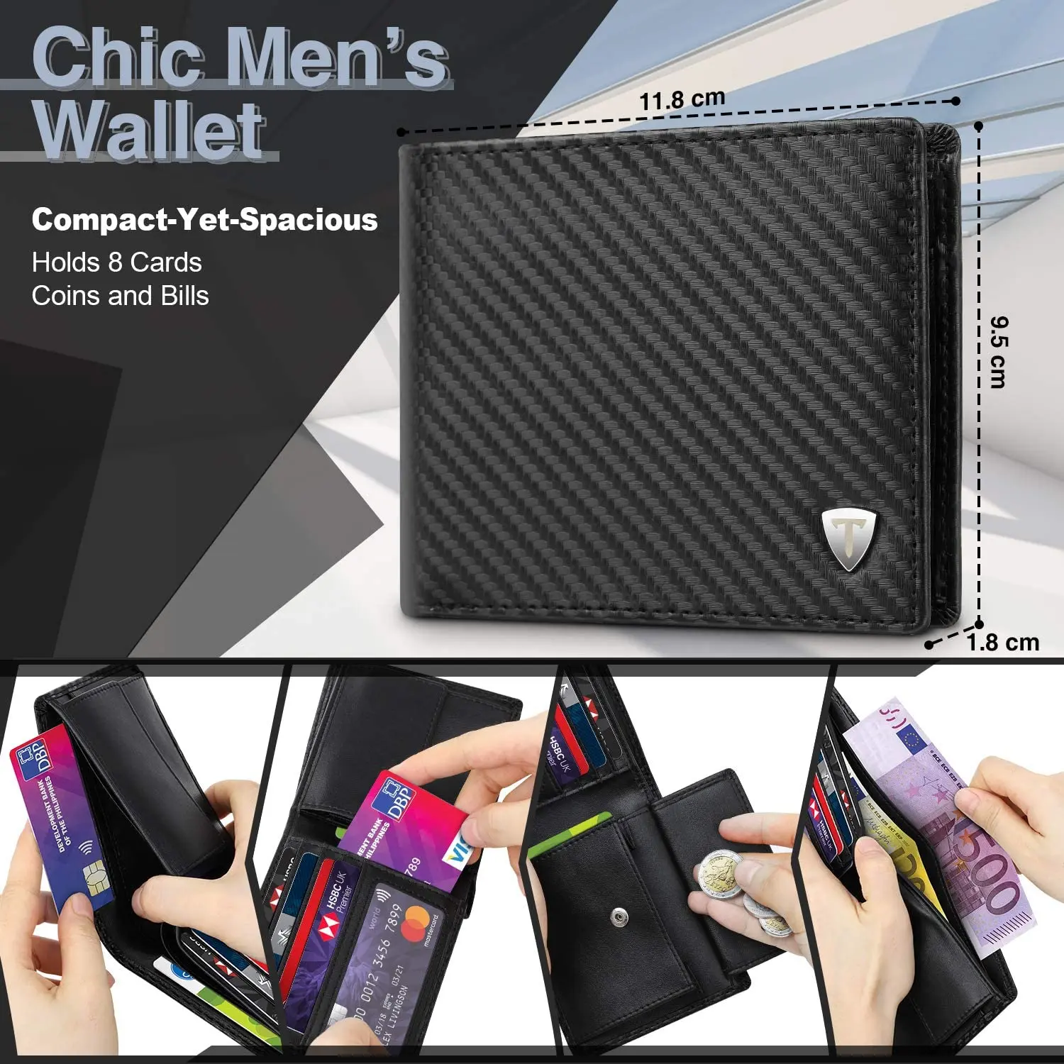 wallets for men Carbon Fibre Leather Fashion Business Purse RFID Blocking Bifold Coin Pocket Men's wallet 3