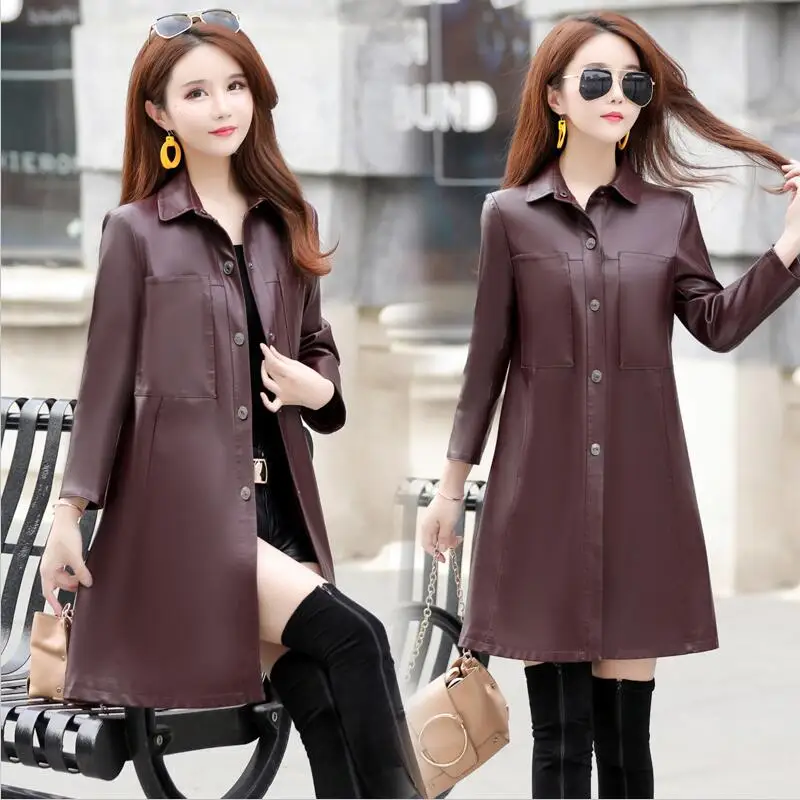 

Plus Size 4XL Leather Coat Women Spring 2019 New Women Leather Jacket Autumn Long Slim Motorcycle Female Leather Clothing Black