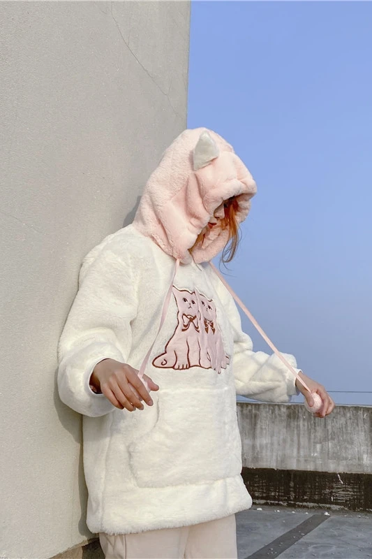 Корейский стиль Kawaii женские толстовки с рисунком кота бархатная хлопковая плюшевая Толстовка Harajuku мягкий Mori пуловер для девочек верхняя одежда рубашка
