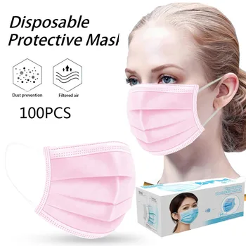 

100pcs Pink Disposable Mask For Face Earloop Masks Breathable Dustproof Nonwoven Fabric Mouth Masker 3 Ply Filter Mask In Stock