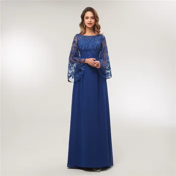 

2020 New Navy Blue Lace With Chiffon Elegant Women's Long Evening Dress Vestido De Festa