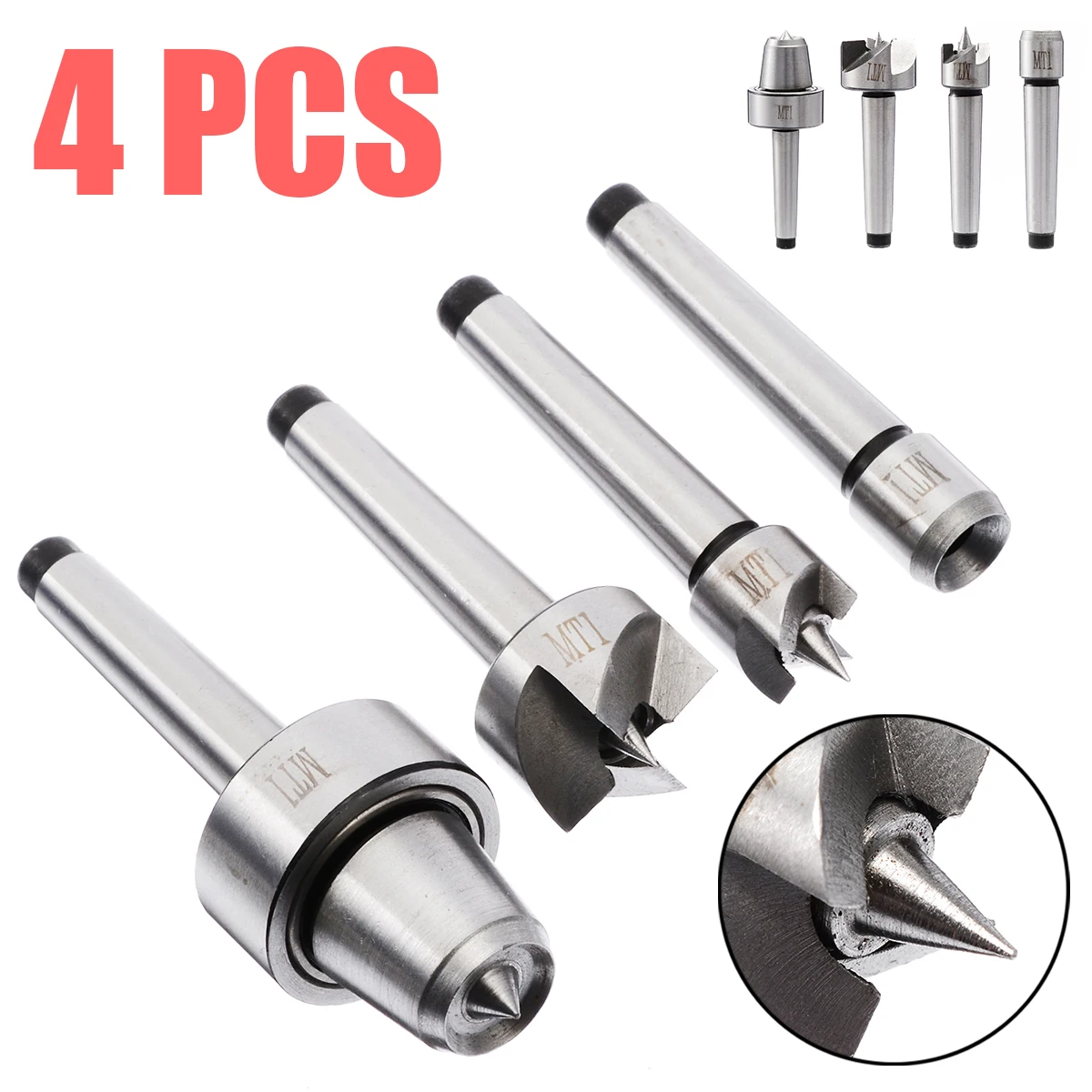 

4Pcs/Set Durable MT1 Wood Lathe Live Center Drive Spur Cup MT1 Arbor Woodworking Rotary Metalworking Lathe Tool 2-3/4 inch