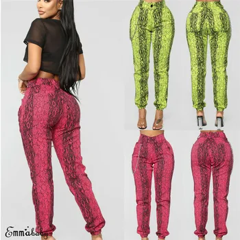 

2020 summer women snake skin pattern pants elastic waist pockets ladies casual streetwear fashion Pencil Pants trousers mujer