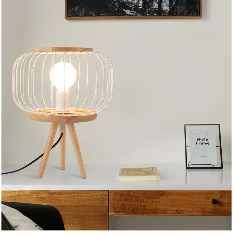 Modern solid wood iron wire cage table lamp personality cafe study bedroom bedside lamps home decorative table light mx7241112