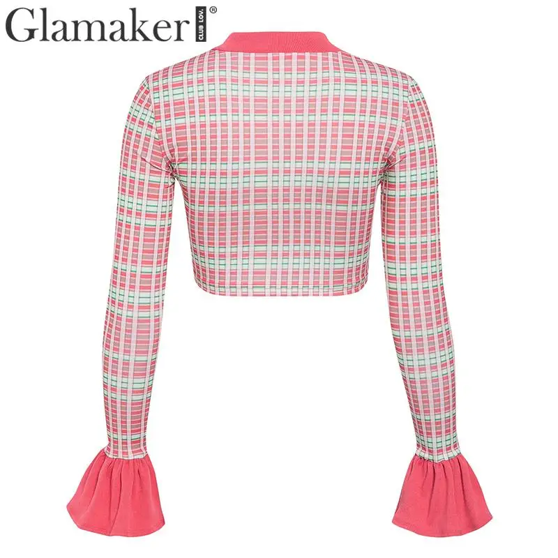 Glamaker, клетчатая, с круглым вырезом, короткая футболка, женская, с длинным Расклешенным рукавом, в стиле пэчворк, с рюшами, элегантная, женская, на осень и зиму, вечерние, Сексуальная рубашка