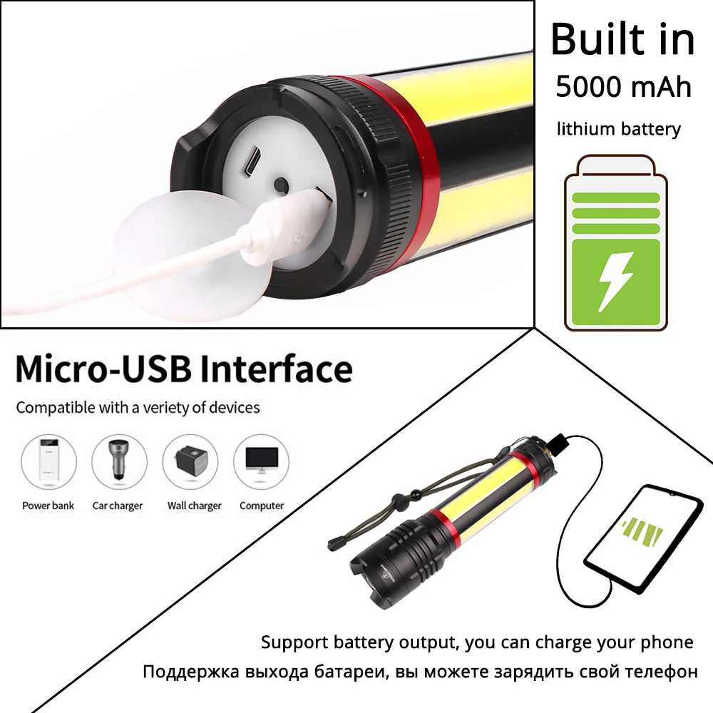  Multifunction LED Flashlight Built-in 5000mAh lithium battery With XHP70.2 + COB LED Super bright w