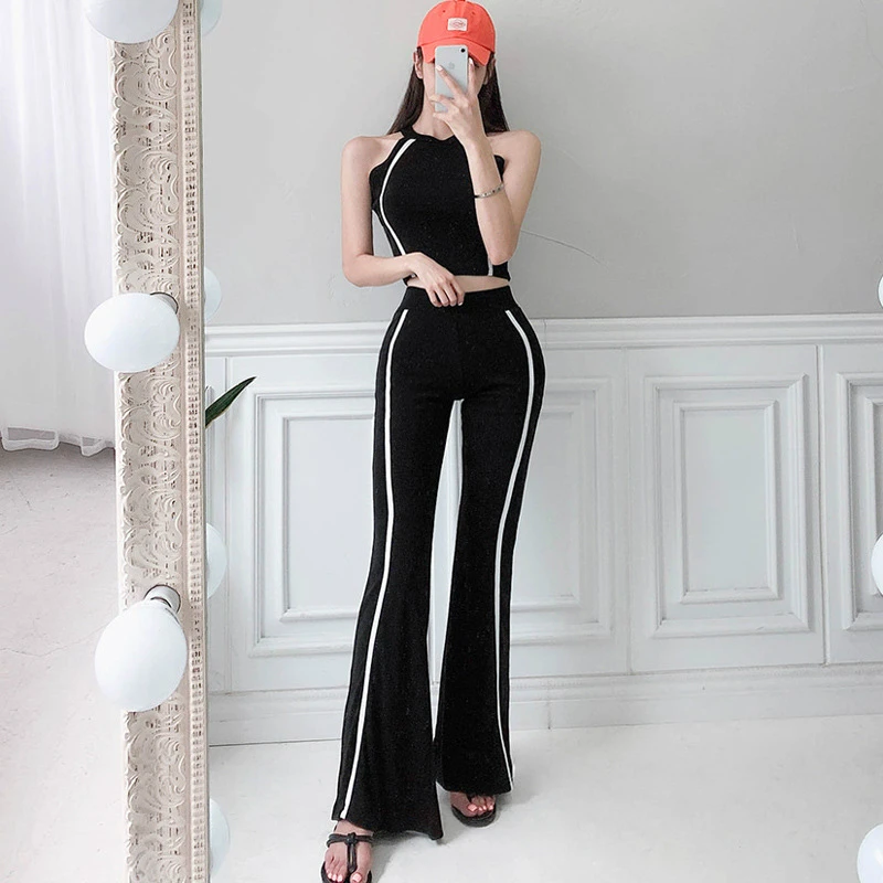 

Modis Streetwear Halter Tank and Knitted Wide Leg Pants Ladies Casual 2 Piece Set Autumn Winter Clothes for Women Two Piece Set