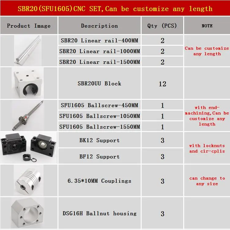 SBR16 400 1000 1500 6 комплектов линейный рельс SBR16 SBR20 линейная направляющая Любая длина+ линейные опорные блоки+ SFU1605 шариковый винт+ 3 BK12/BF12+ 3 DSG16H гайка - Цвет: SBR16 400 1000 1500