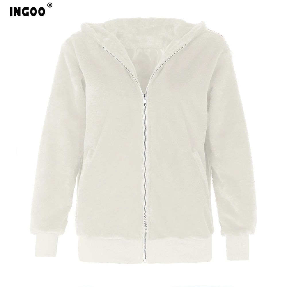 INGOO 7color осенне-зимнее пальто из искусственного меха для женщин с шапкой из искусственного меха лисы кролика карман на молнии с длинным рукавом Свободная Повседневная Женская куртка