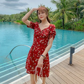 

The new spring red retro floral dress female xia brief paragraph small waist