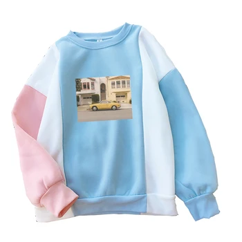 

Car Photograph Print Sweatshirt Women Autumn Fleece Streetwear Harajuku Funny Casual Spell Color Splicing O-neck Hoodie Pullover