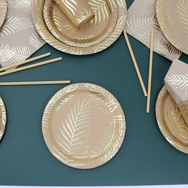 Disposable Kraft Paper Tableware Set – Golden Palm Leaf Pattern Plates, Cups, Napkins, ... - SKU KTS12264 - UGI Packaging