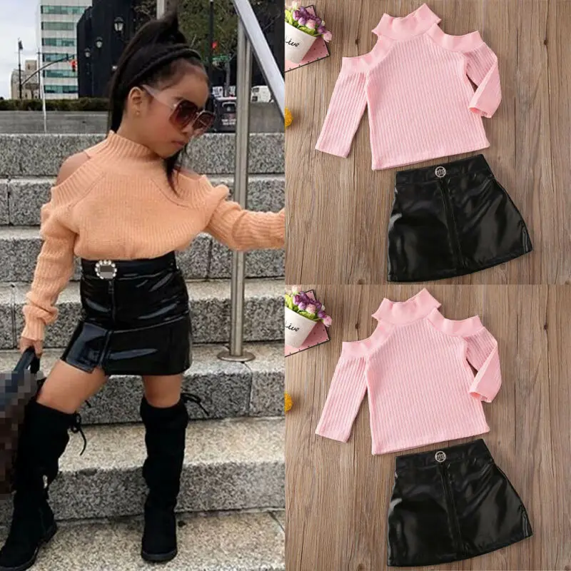 

2PCS Toddler Kids Baby Girls Long Sleeve Plain Color Tops PU Leather Mini Skirt Outfits Autumn Clothes Set
