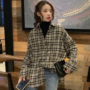 

Plaid Women's Blouses Plus size Check Shirt V Neck Long Sleeve Female Vintage Shirts Summer Autumn Loose Casual Lady Tops