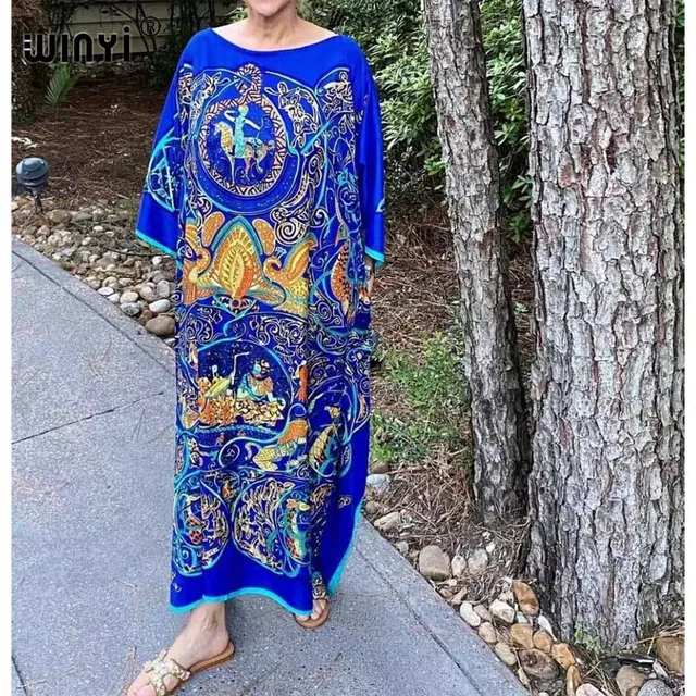 Africa Fashion Blogger Recommend Popular printed Silk Kaftan Maxi dresses Loose Summer Beach Bohemian kaftan long dress for lady 20