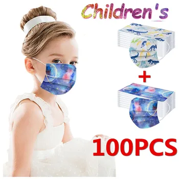 

100PCS Kids Child Disposable Cartoon Mouth Mask 3 Layer Breathable Children's Girls Non Wovens Mask Thick Warm Face Earloop Mask