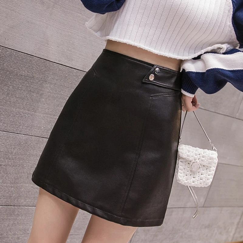 

Streetwear PU Leather Mini Skirts Women Solid High Waist 2019 Autumn Winter Korean A-Line Pencil Skirt Female Faldas 18 Style