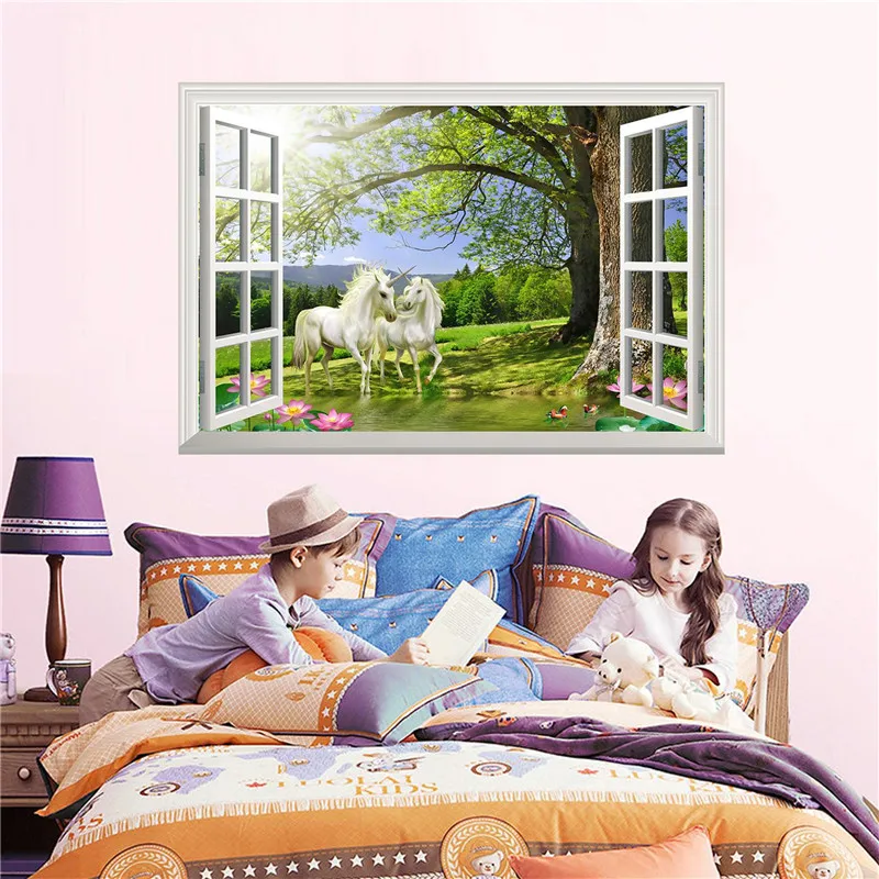 3D наклейки на стену с изображением единорога из винила с видом на окно, домашний декор для девочек, наклейка на стену для детской комнаты, съемные обои с рисунком из мультфильма