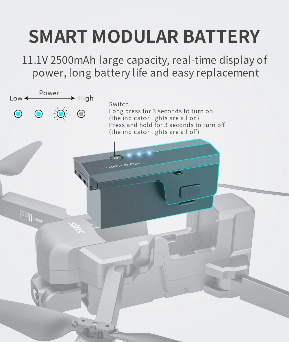 F11S PRO Drone, SMART MODULAR BATTERY 11.1V 2500mAh large capacity,