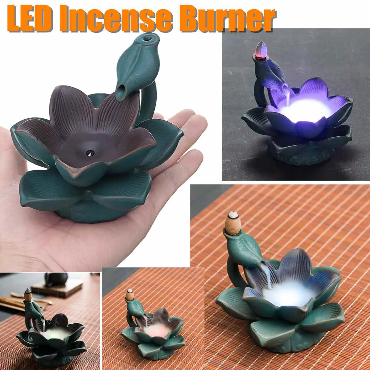

Ceramic Backflow Waterfall Smoke Incense Burner LED Light Censer Holder Furnace Home Decoration Crafts Teahouse Ornaments Gifts