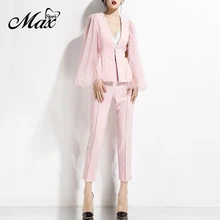 Max Spri, Женский трендовый сетчатый топ с v-образным вырезом и длинным рукавом, прямые штаны, комплект из двух предметов,, осенняя мода, новые офисные женские костюмы