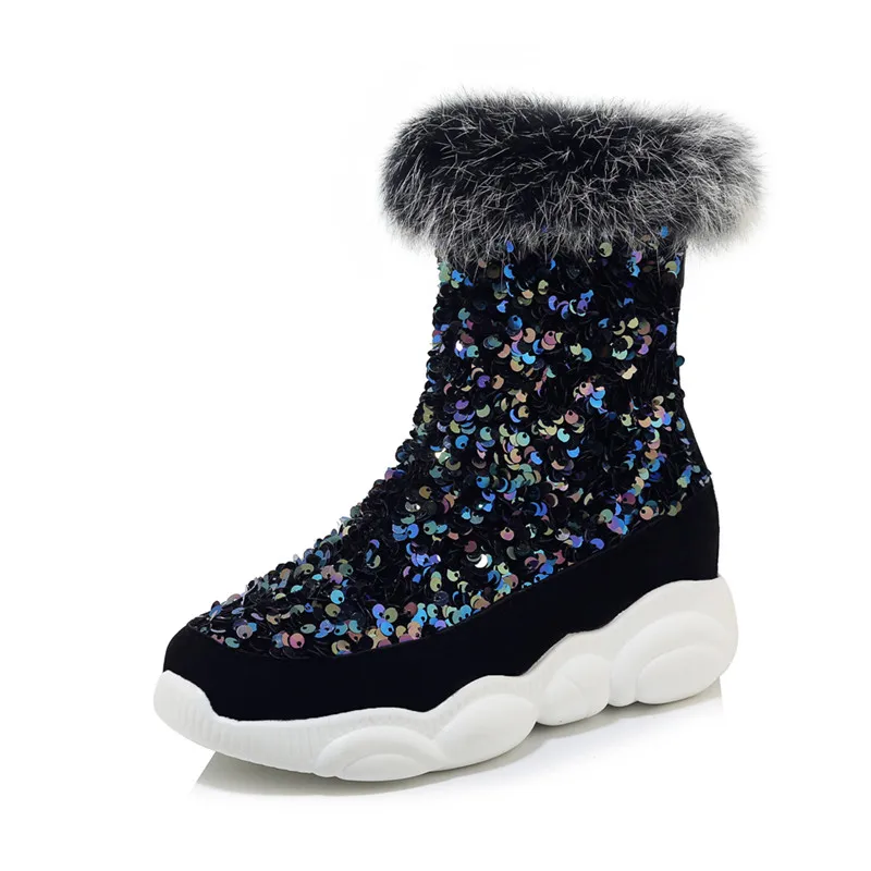 MORAZORA/ Большие размеры 33–46 зимние теплые зимние ботинки 3 вида цветов с квадратным носком; женская обувь; удобные ботильоны на плоской подошве - Цвет: Черный