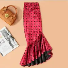 Юбки размера плюс 4XL! Женская юбка с завышенной талией и оборками в красный горошек TB3756