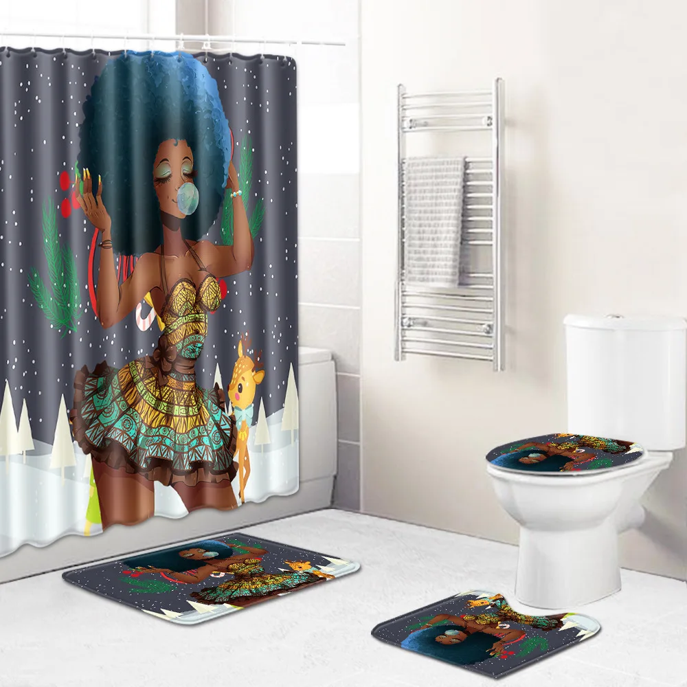 Christmas Series African Woman Pattern Shower Curtain and Bath Mat Set Waterproof Polyester Shower Curtain for Bathroom Shower