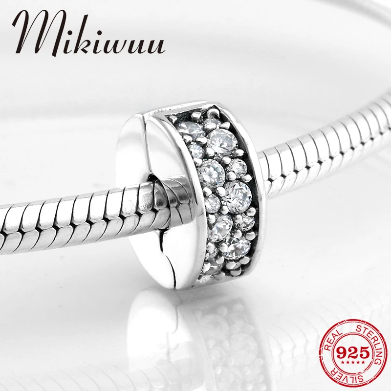 New 925 Sterling Silver Sparkling Clear CZ Round shape clip Lock Beads Fit Original Mikiwuu Charms Bracelet Jewelry making | Украшения и