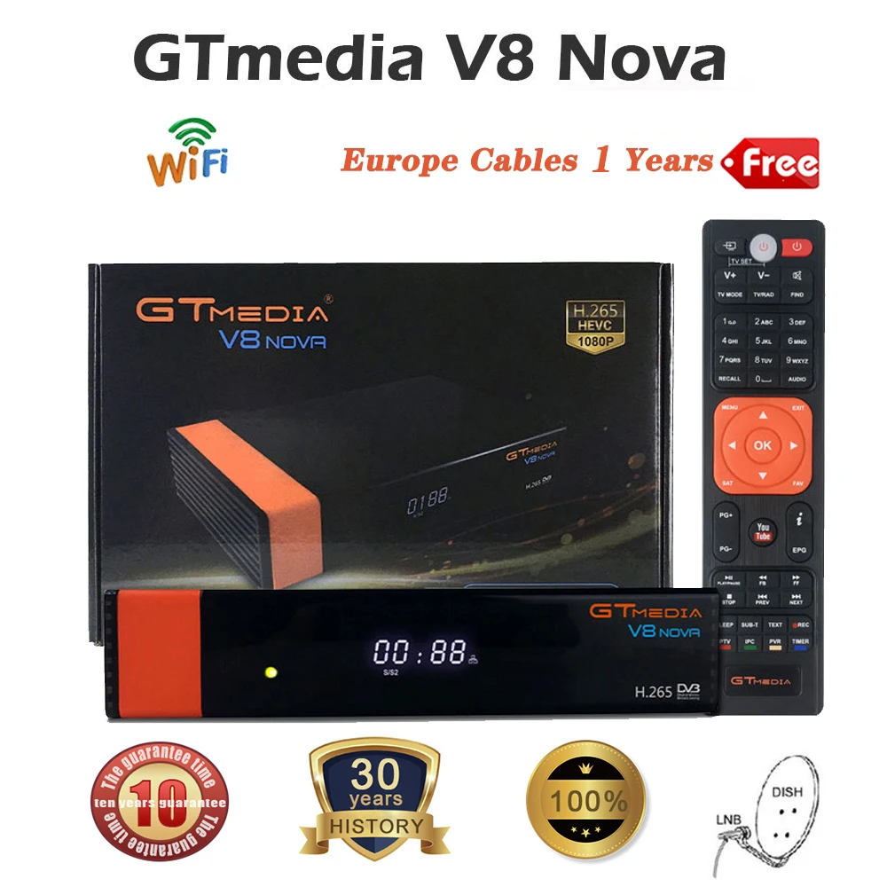 

DVB-S2 Gtmedia V8 NOVA Satellite TV Receiver H.265 Built-in WIFI+2 Year Europe 7cline CCcam New Version of V8 Super europe tvbox