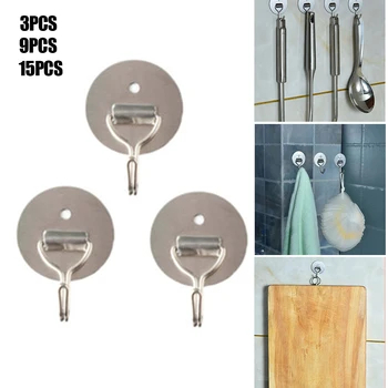 

3/9/15pcs Stainless Steel Seamless Hook Strong Sticky Fashionable Home Kitchen Bathroom Adhesive Hook