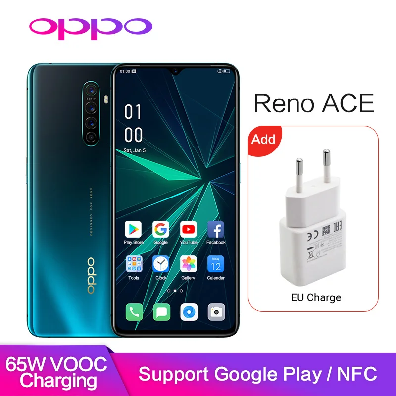 

Original OPPO Reno Ace Support NFC Google Pla Global ROM OTG Type C 8GB 128GB 48.0MP 65W VOOC 90HZ WIFI Mobile Smart Phone