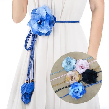 

New Casual Wild Chiffon Big Flower Ladies Thin Belt Sweet Tassel Braid Decoration Elegant Handmade Flower Fine Womens Dress Belt