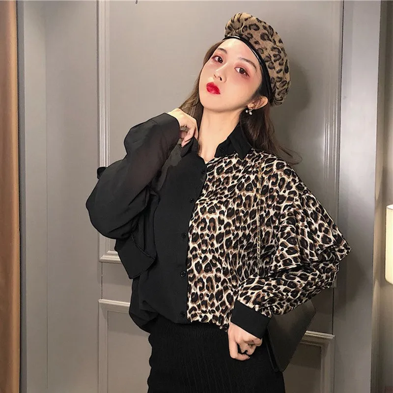 

Retro Patchwork Single Breasted Loose Shirts Button Women Contrast Ruffles Long Sleeved Leopard Blouse Autumn Casual Tops