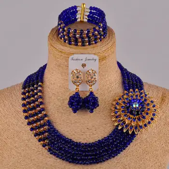 

royal blue and champagne gold ab necklace african set costume african jewelry set nigerian wedding set 5JZ