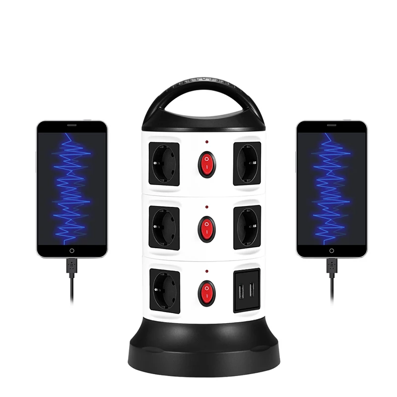 

7/11 AC Outlets EU Socket with USB Tower Power Strip 2 Ports USB Outlets Individually Switch 1.8m/6ft Retractable Extension Cord