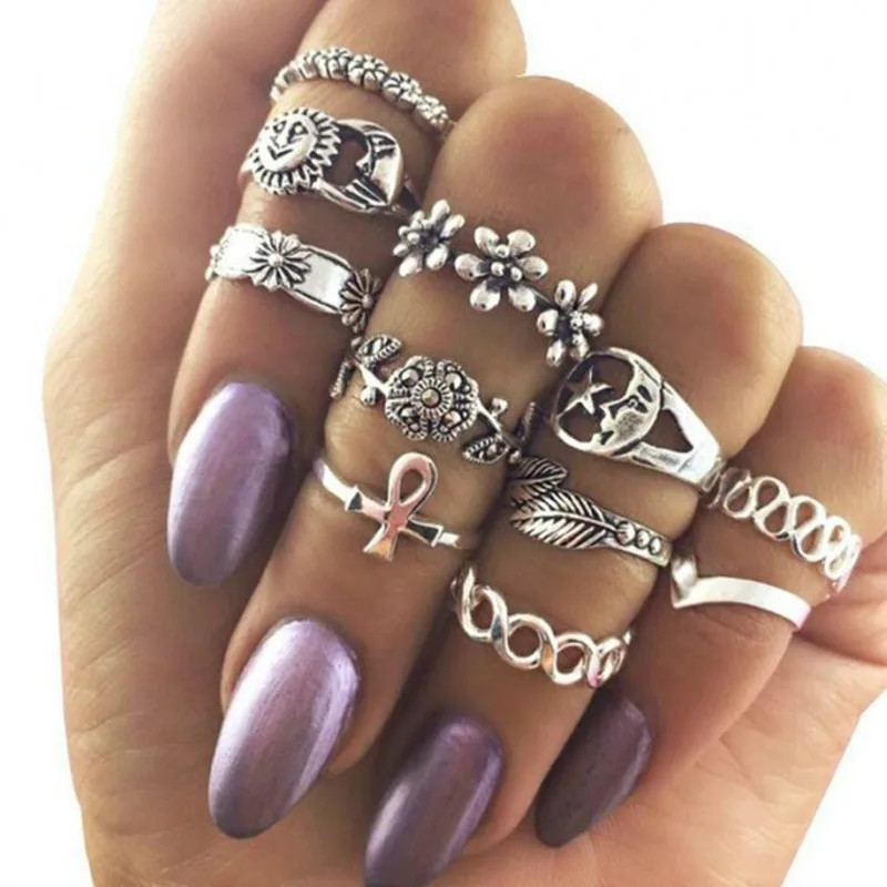 

TTLIFE 11Pcs/Set Punk Rings Gold Flower Leaves Moon Crystal Irregular Adjustable Ring Set Ladies Fashion Party Jewelry for women