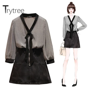 

Trytree 2020 Spring Woman Two Piece Set Casual V-neck Loose Top+ Skirt Mini A-line Zipper Fashion Elegant Set 2 Piece Set