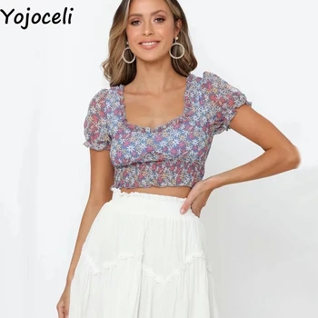 

Yojoceli Sexy bow ruffle short print blouse women Summer boho beach square neck blouse Female casual cool crop tops