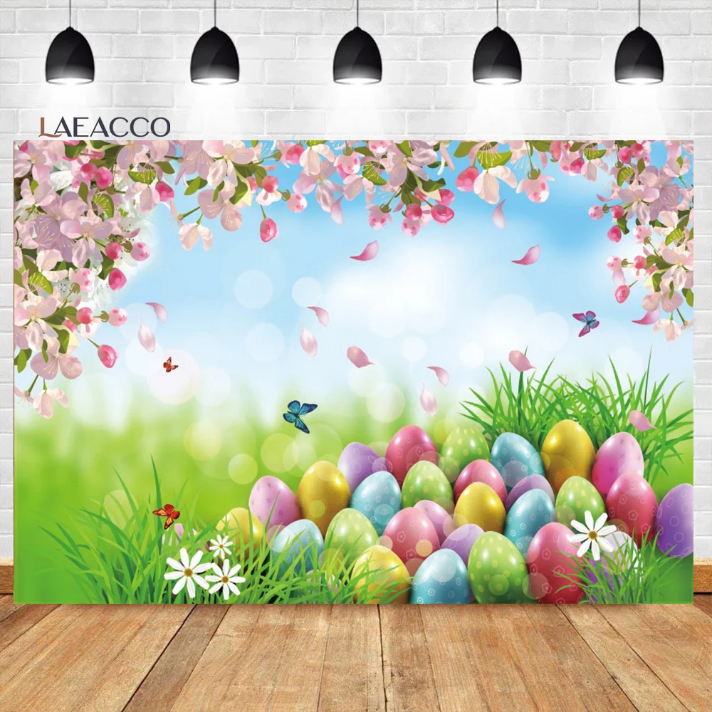 Laeacco Easter Photography Backgrounds Wooden Board Wall Green Grass Flowers Easter Eggs Children Portrait Photo Backdrops Props photo backdrop