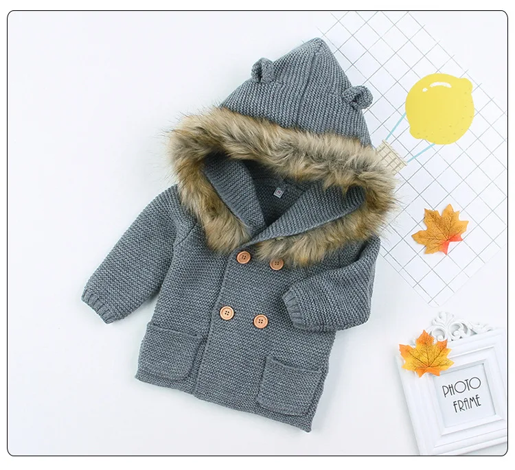 Новинка года, модный детский свитер, пальто милое вязаное пальто с капюшоном и меховым воротником для малышей осенне-зимняя теплая одежда для маленьких мальчиков и девочек - Цвет: B
