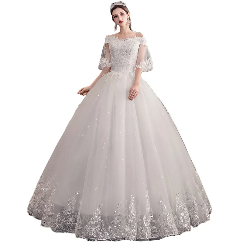 Новинка, Vestido De Noiva, сексуальное, с вырезом лодочкой, с расклешенными рукавами, с кружевной аппликацией, с блестками, простое свадебное платье размера плюс, на шнуровке, платье принцессы