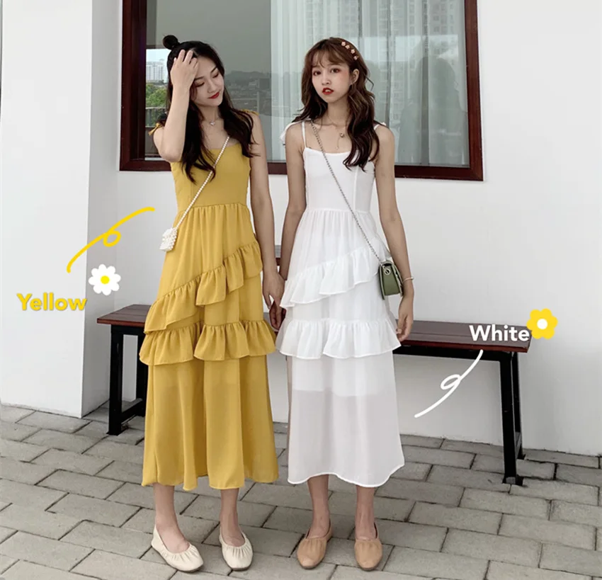 

Photo Shoot 2019 WOMEN'S Dress Summer Sweet Non-mainstream Camisole Waist Hugging Flounced Cake Dress Medium-length Dress