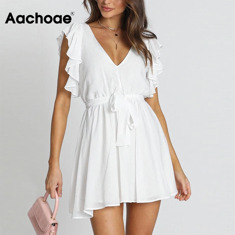 Aachoae Summer Women Mini White Dress Deep V Neck Ruffles Beach Dress Sundress Sleeveless Backless Chic Dress Lady Ropa Mujer Aachoae Summer Women Mini White Dress Deep V Neck Ruffles Beach Dress Sundress Sleeveless Backless Chic Dress Lady Ropa Mujer