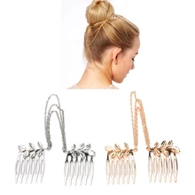 Двойная Золотая Серебряная цепочка с листом, свадебные гребни для волос, головной убор для женщин, невесты, винтажный головной убор, аксессуары